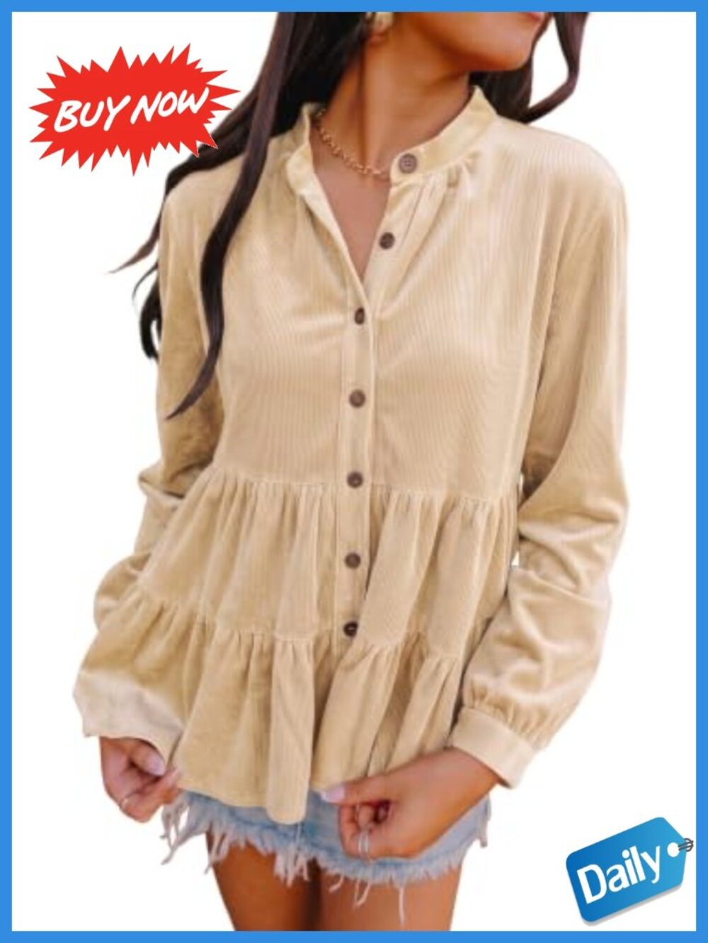 Ruffle Tiered Hem Button Down Babydoll Blouse Long Sleeve Shirt